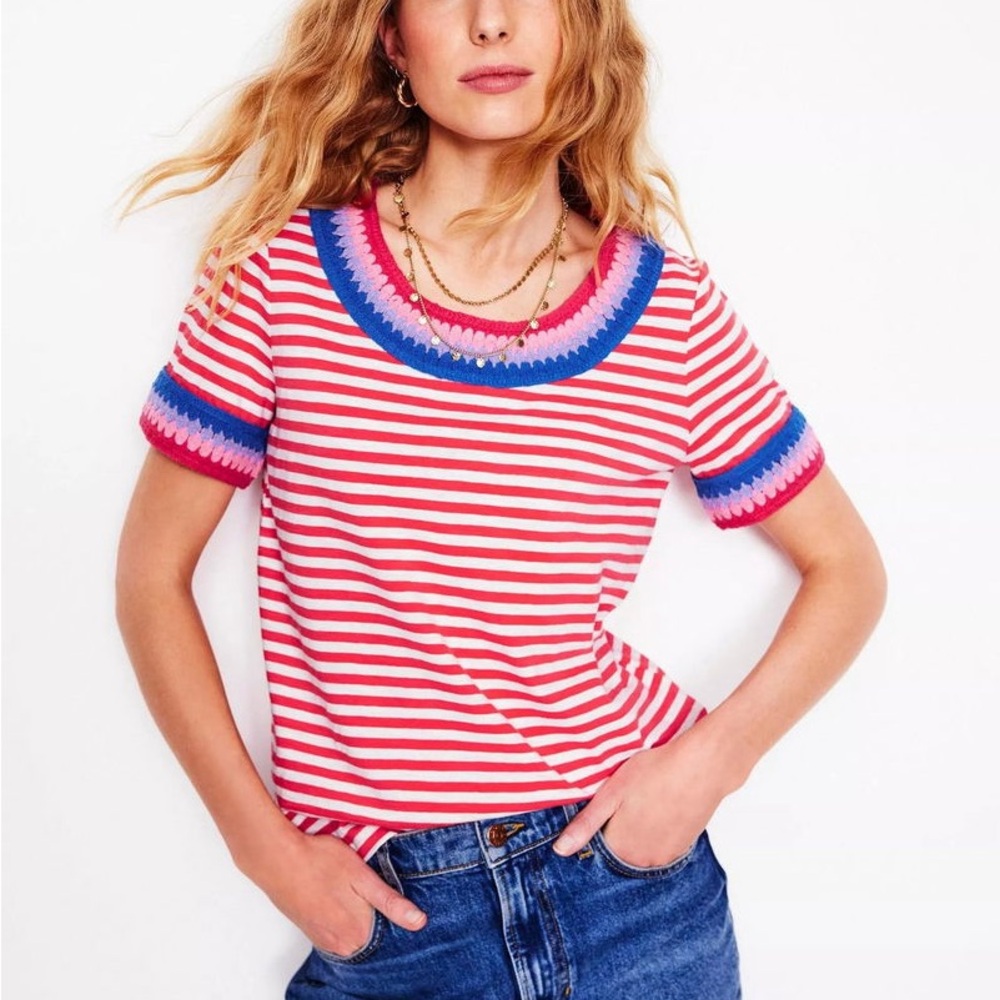 Boden Fae Cotton Stripe Crochet T-Shirt